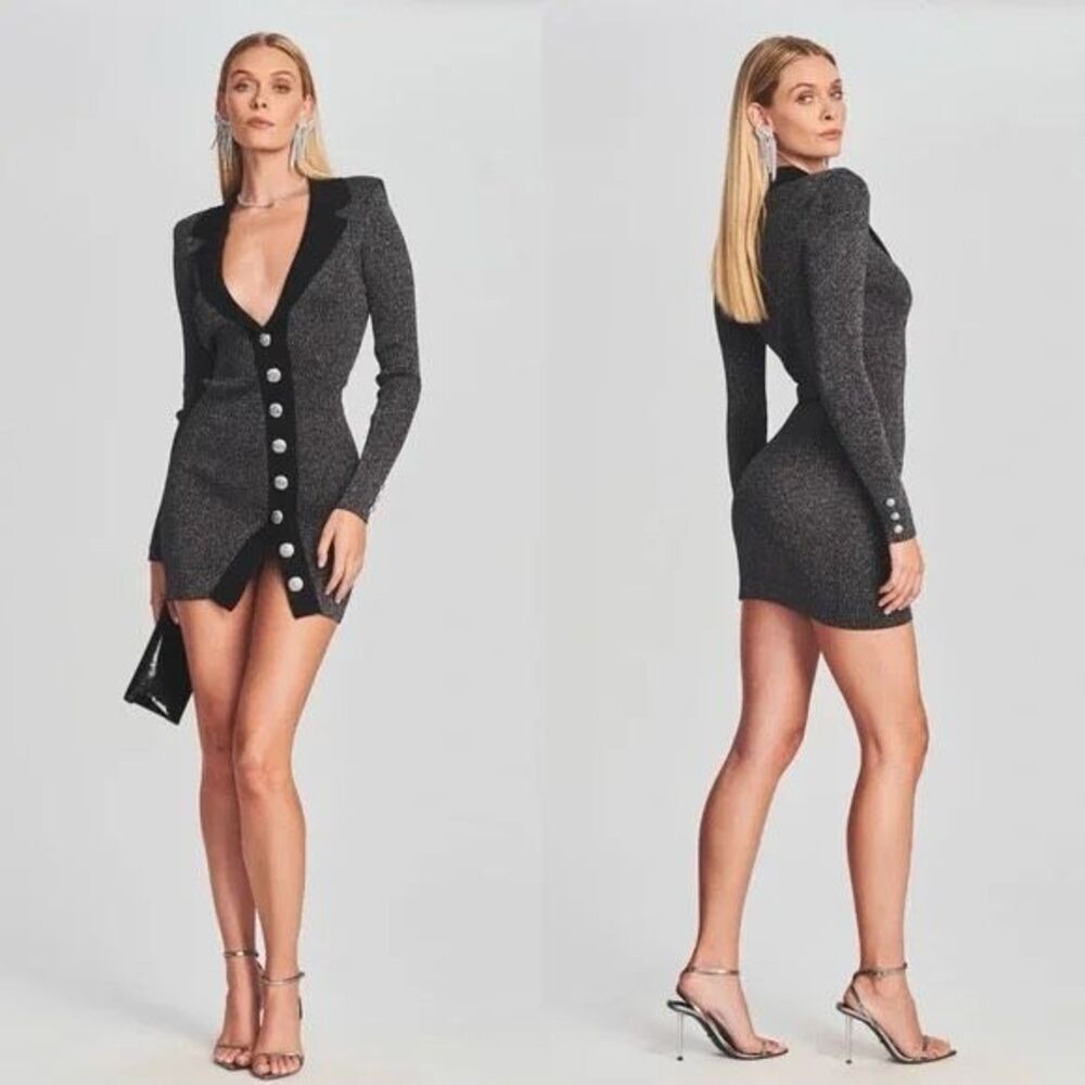 retrofête Mimi Sweater Long Sleeve Mini Dress in Gray Black XL